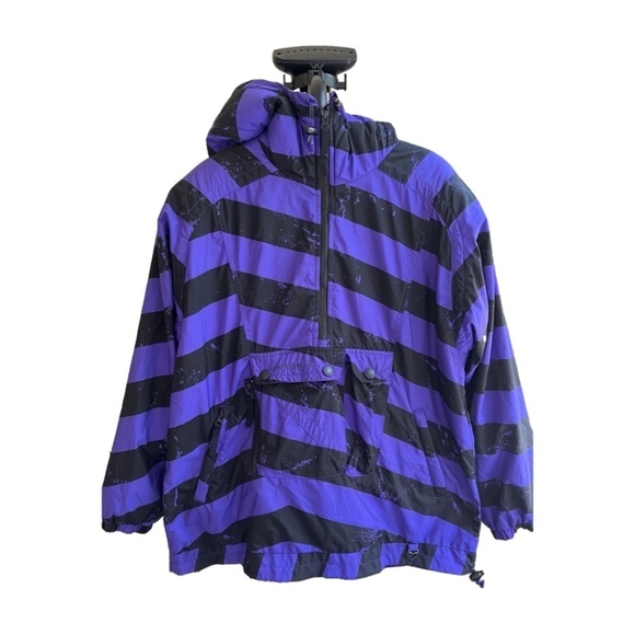 Obermeyer Purple Black Striped Popover Ski Pullover Coat with Pockets, Size S - Picture 1 of 14